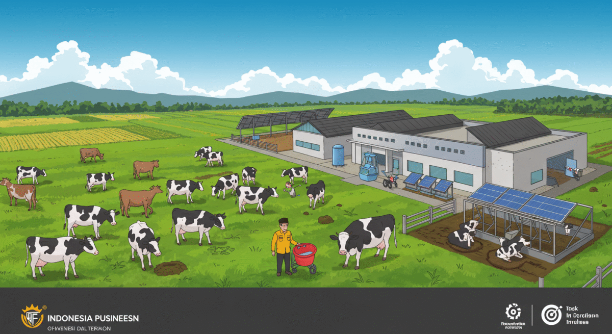 Ilustrasi sapi perah di peternakan modern, menggambarkan program Indonesia presses businesses untuk import satu juta sapi perah.