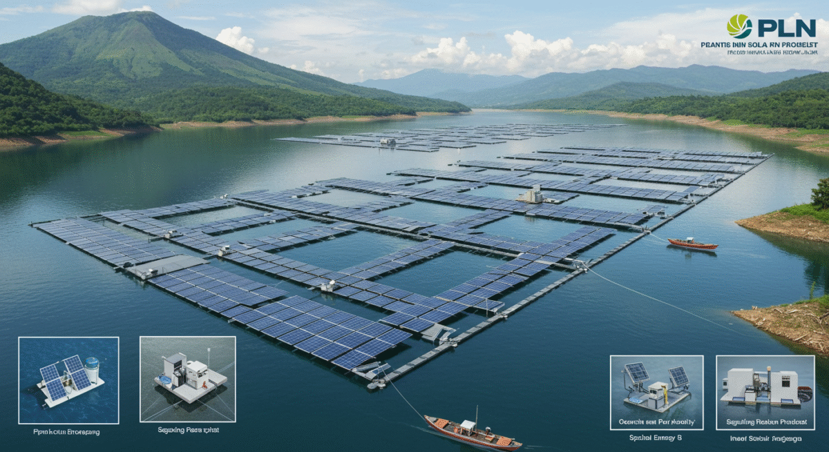 Ilustrasi proyek pembangkit surya terapung PLN di Waduk Saguling, Jawa Barat, sebagai bagian dari program energi hijau nasional.