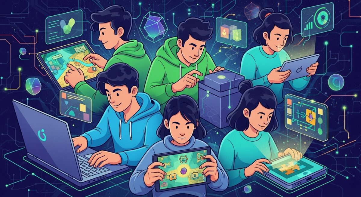Ilustrasi orang-orang bermain game online di berbagai perangkat seperti laptop dan tablet dengan latar teknologi digital modern.