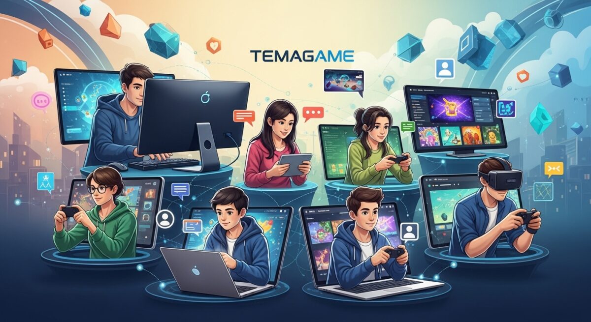 Ilustrasi para pemain menikmati berbagai game online di platform Temagame melalui perangkat laptop, PC, tablet, dan VR secara terhubung.